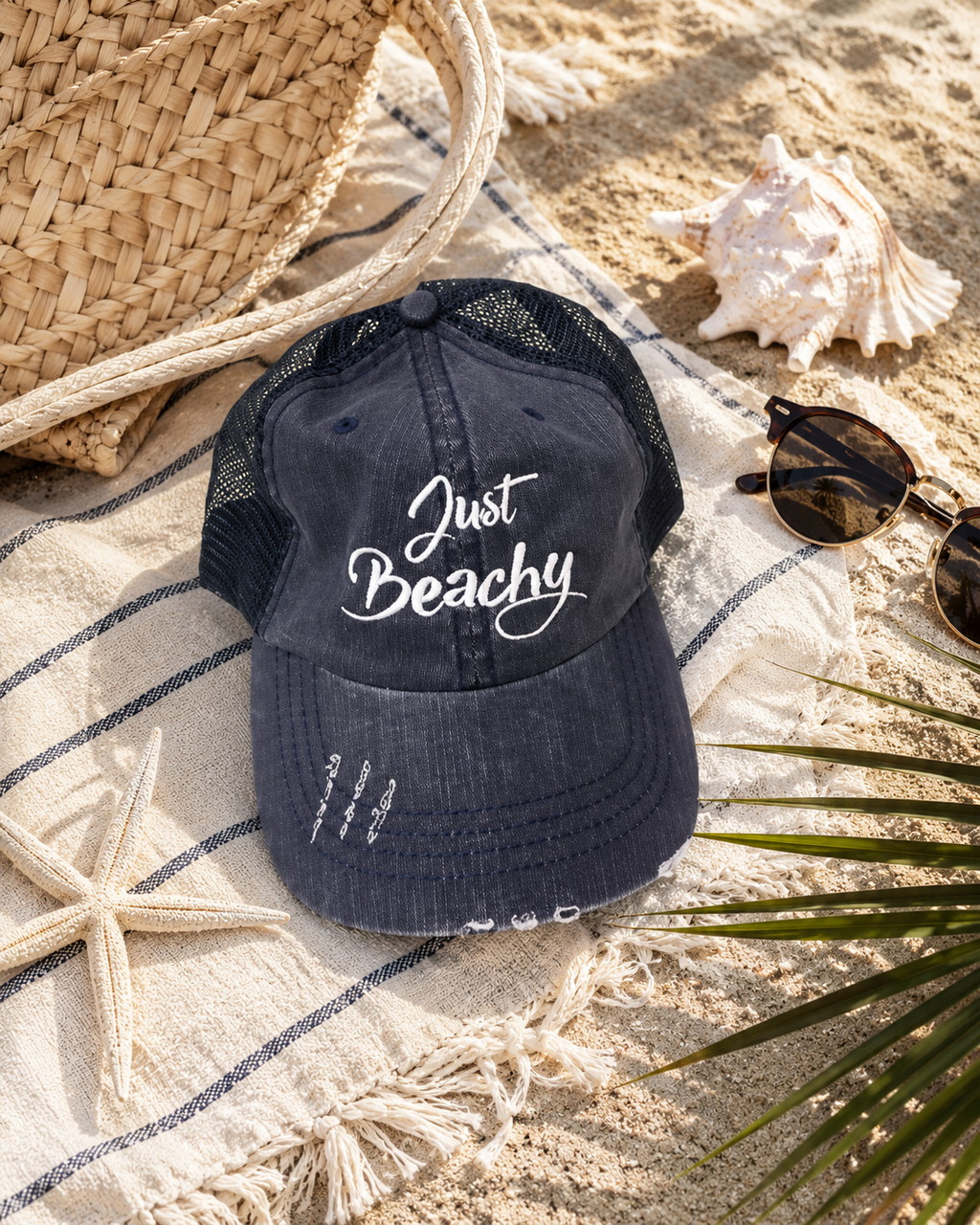 Just Beachy Embroidered Trucker Hat Local